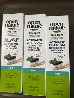 3 New Open Nature Activated Charcoal Mint Toothpaste Floride Free each 4.8oz